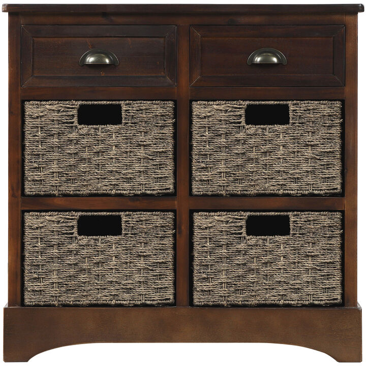 Rustic Storage Cabinet With Two Drawers And Four Classic Rattan Basket
