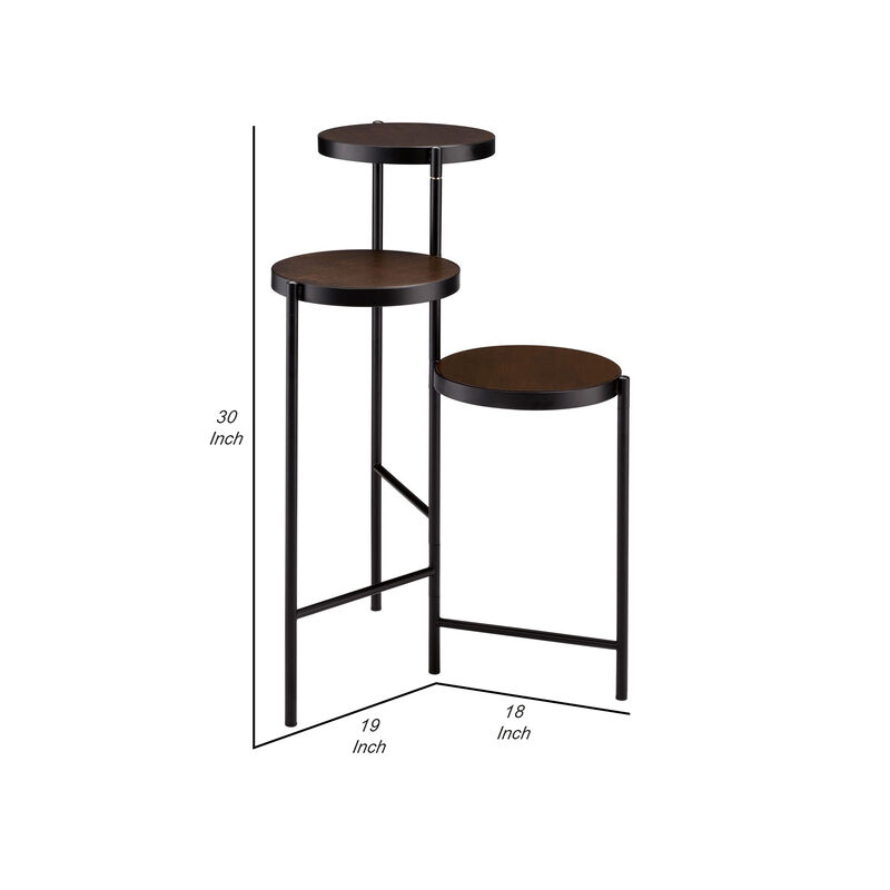 3 Tier Plant Stand with Round Wooden Shelves and Foldable Design, Black-Benzara