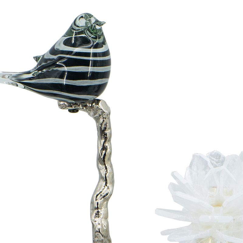 Sue 15 Inch Accent Decor Figurine, Bird on a Branch, Flower, Black, Silver - Benzara