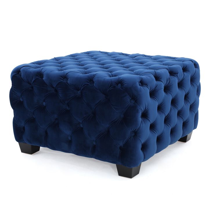 Ottoman, Modern Button Tufted, Navy Blue Velvet, 29 Inch Square Shape -Benzara