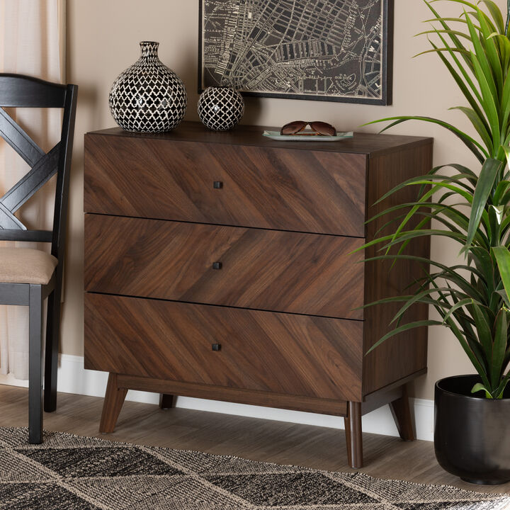 Baxton Studio Hartman Mid Century Modern Walnut Brown Finished Wood 3 Drawer Storage Chest