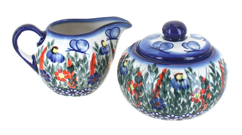 Blue Rose Polish Pottery Spring Butterfly Sugar Bowl & Creamer Set