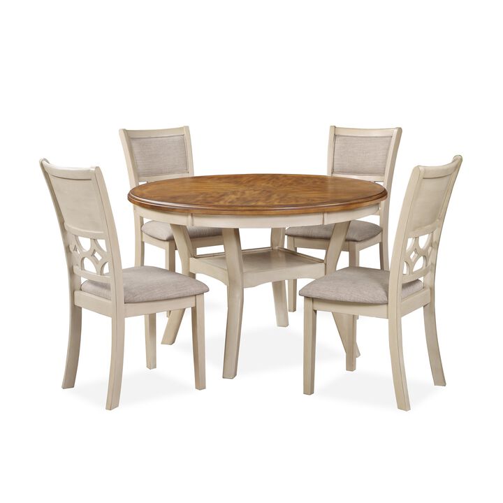 Beas 5 Piece Dining Table and Chair Set, Brown, Beige Wood, Fabric Seating - Benzara