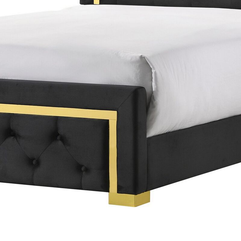 Robin Full Size Bed, Platform Base, Gold, Button Tufted Black Upholstery - Benzara