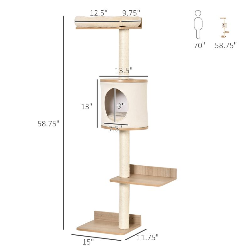 Light Brown Cat Tower: 4-Level Wall-Mounted Activity Tree with Sisal