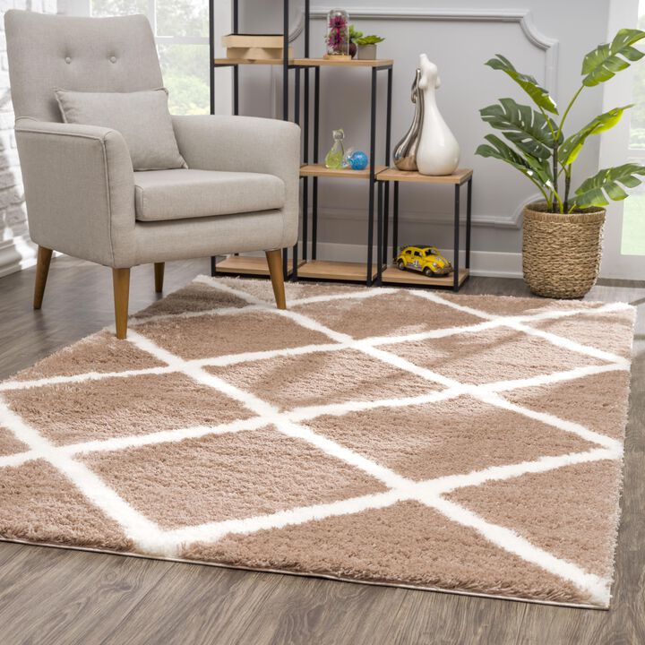 Retro Contemporary Boho Shag Brown White Indoor Area Rug