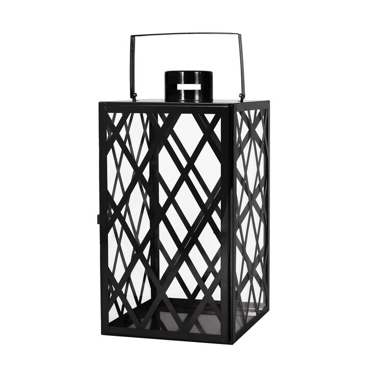 Dove 18 Inch Lantern, Lattice Black Stainless Steel, Tempered Glass - Benzara