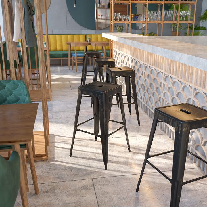 Flash Furniture Commercial Grade 30" High Backless Black-Antique Gold Metal Indoor-Outdoor Barstool with Square Seat
