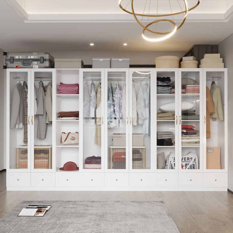 White Armoire Wardrobe Closet with Glass Doors, 9 Drawers, 4-Tier Shelves & Hanging Bar, Wooden Closet Storage Cabinet with Large Compartment for Bedroom