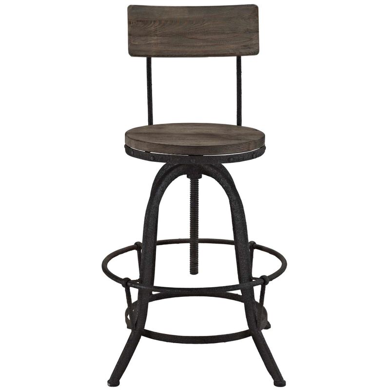 Modway Procure Rustic Farmhouse Pine Wood and Cast Iron Adjustable Height Two Bar Stools in Brown