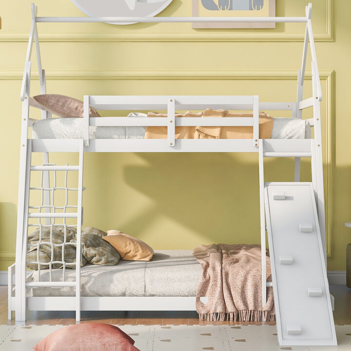 Merax House Bunk Bed with Climbing Nets and Climbing Ramp