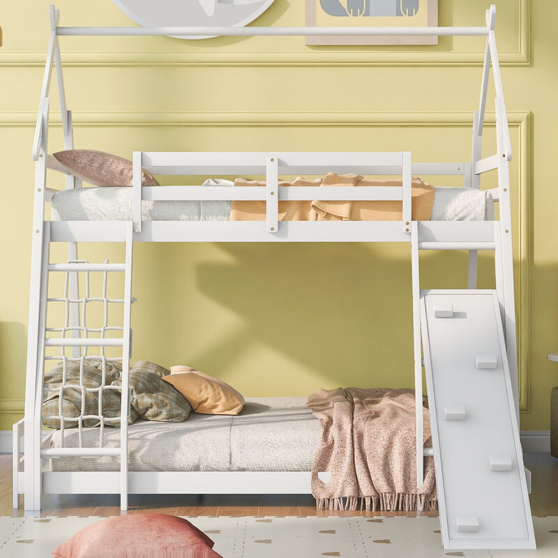 Merax House Bunk Bed with Climbing Nets and Climbing Ramp