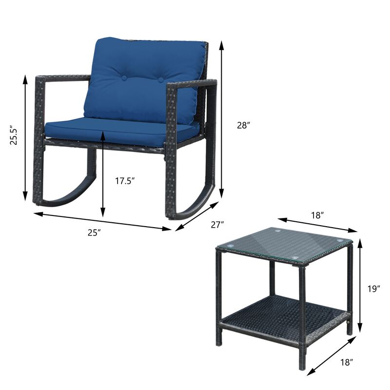 3 Pieces Cushioned Patio Rattan Set with Rocking Chair and Table