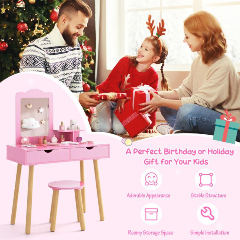 Hivvago Kid Vanity Table Chair Set with Mirror and 2 Large Storage Drawers-Pink