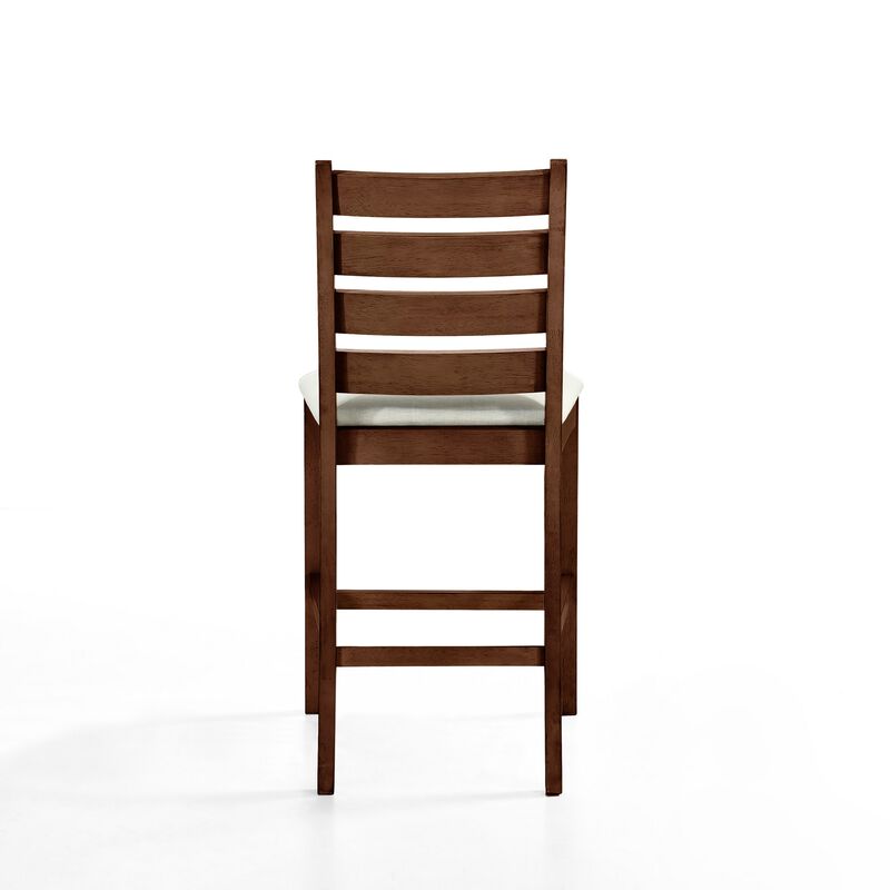 Accai Counter Height Chair Set of 2, Beige Polyester, Brown Rubberwood - Benzara