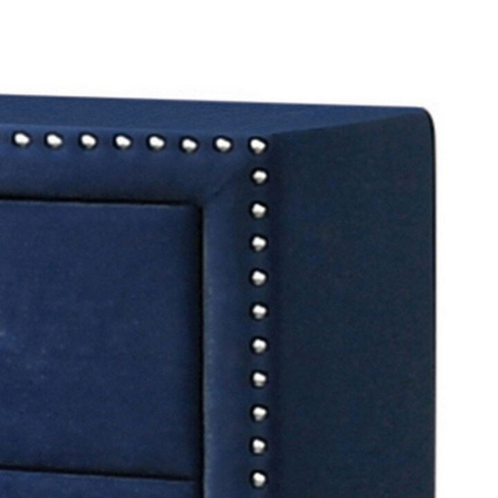 Cale 26 Inch Modern Wood Nightstand, Velvet Upholstered, Nailhead, Blue-Benzara