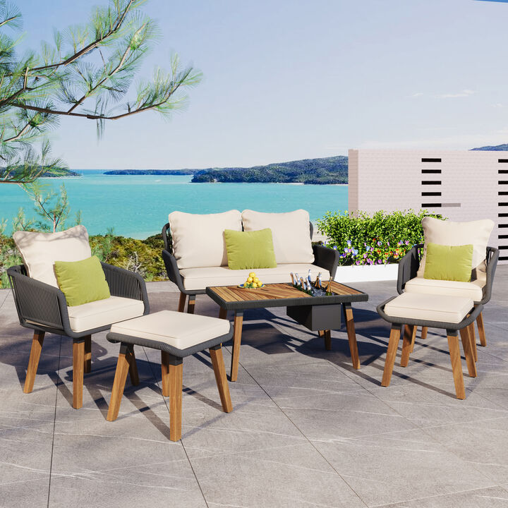 Modern & Coastal Farmhouse 6-Piece Unique Rope Woven Outdoor Patio Furniture Set