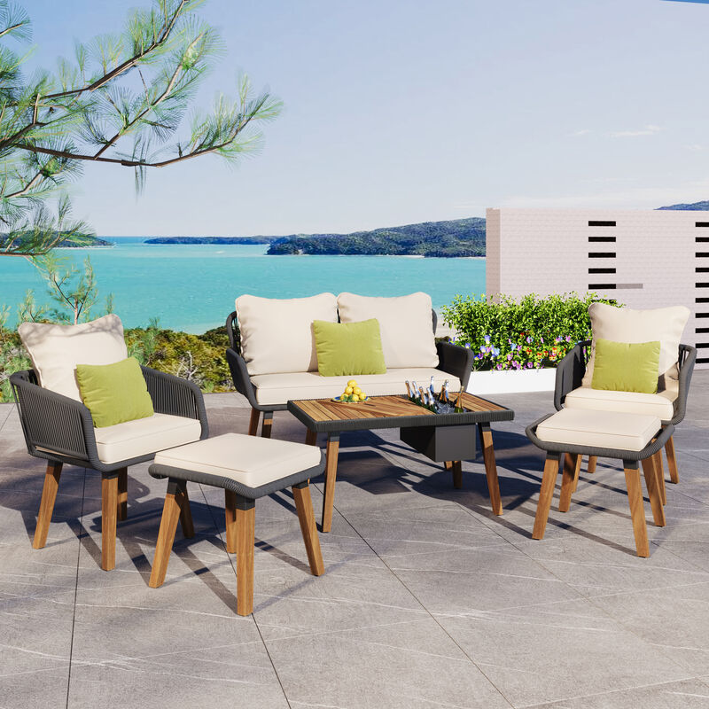 Modern & Coastal Farmhouse 6-Piece Unique Rope Woven Outdoor Patio Furniture Set