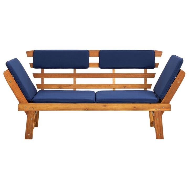 vidaXL Convertible Patio Bench and Day Bed with Blue Cushions - Solid Acacia Wood - Outdoor 2-in-1 Furniture - Garden Deck, Lawn, Backyard Seating, and Lying Comfort