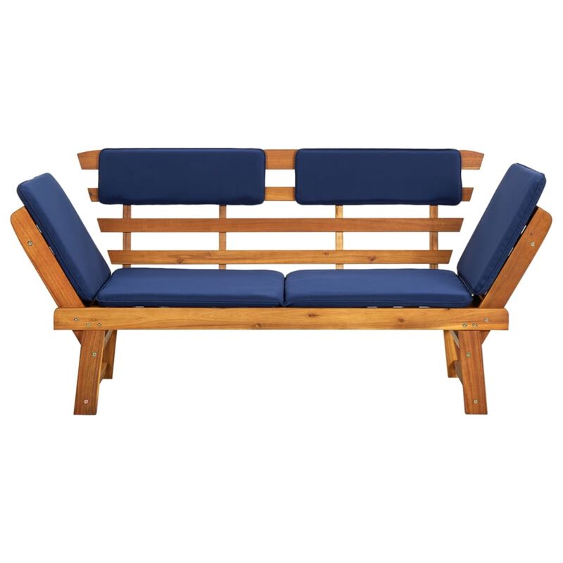 vidaXL Convertible Patio Bench and Day Bed with Blue Cushions - Solid Acacia Wood - Outdoor 2-in-1 Furniture - Garden Deck, Lawn, Backyard Seating, and Lying Comfort