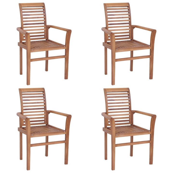 Outdoor Dining Set of 4, Slatted Teak Wood, Dark Gray Polyester - Benzara
