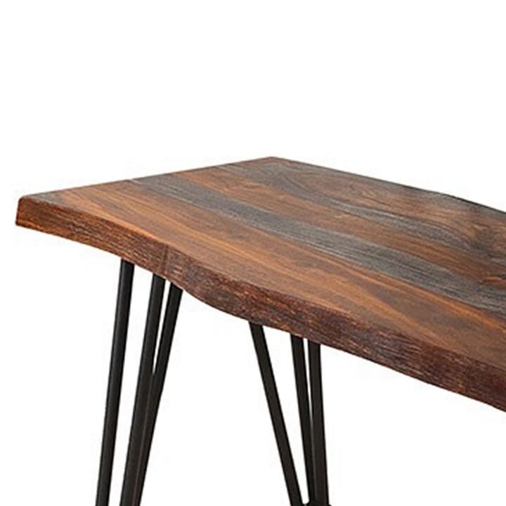 Moka 70 Inch Dining Bench, Live Edge Gray Sheesham Wood, Metal Hairpin Legs - Benzara