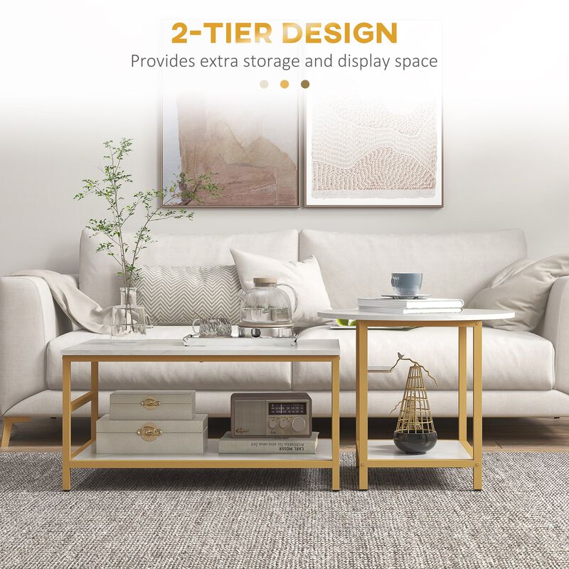 White Living Room Set: Coffee Tables with Faux Marble Top & Storage