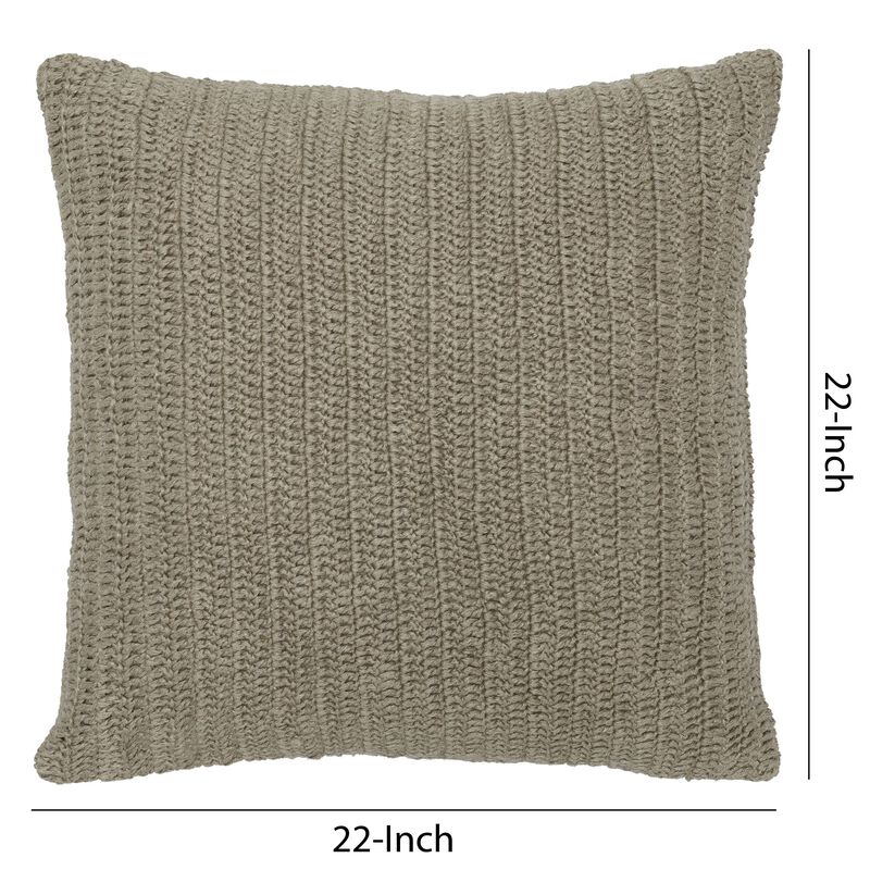 Square Fabric Throw Pillow with Hand Knit Details and Knife Edges, Brown-Benzara