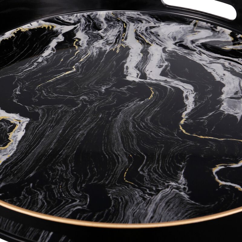 Set of 2 Round Accent Trays, Tabletop Decor, Marbling, Black, White, Gold - Benzara