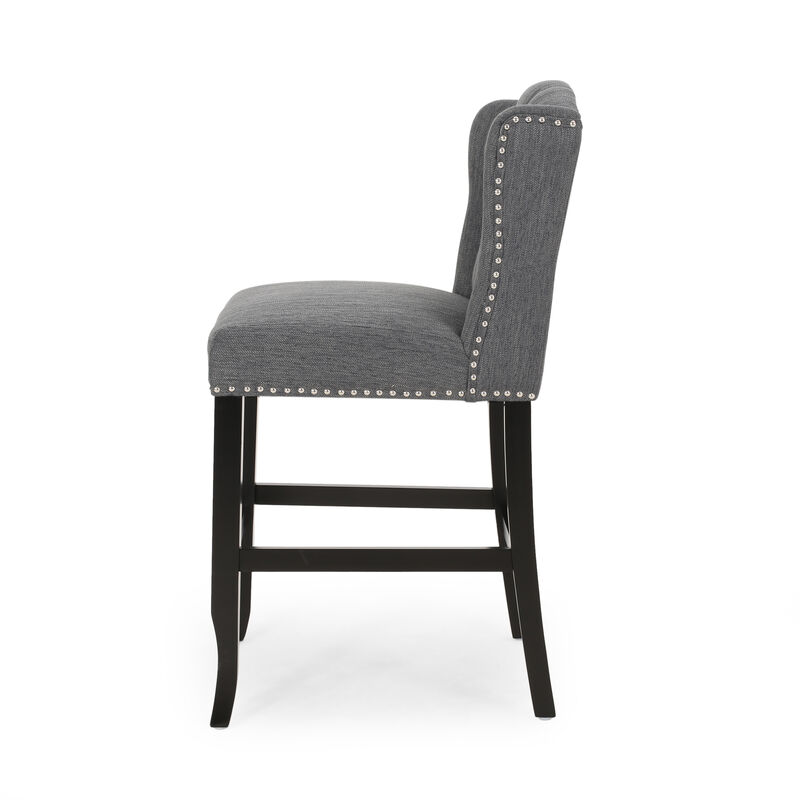 Seliva Counter Stool Chair Set of 2, Charcoal Gray, Tufted Back, Brown Wood - Benzara