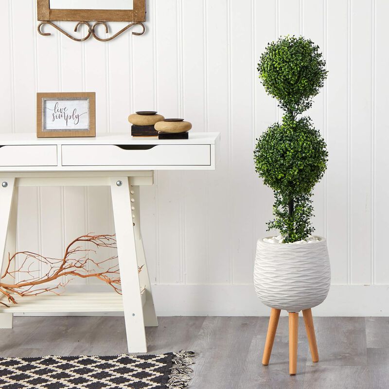 Hivvago 4 Feet Boxwood Double Ball Artificial Topiary Tree in White Planter UV Resistant (Indoor/Outdoor)