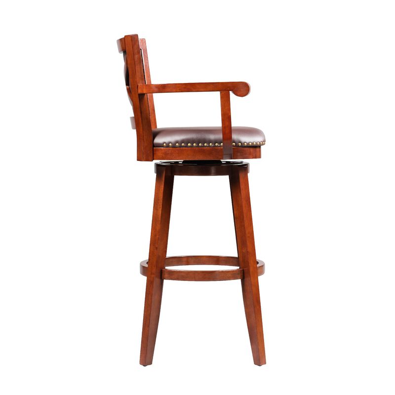 Hugo 34 Inch Swivel Barstool, Wood, Open Rolled Arms, Bonded Leather, Brown-Benzara