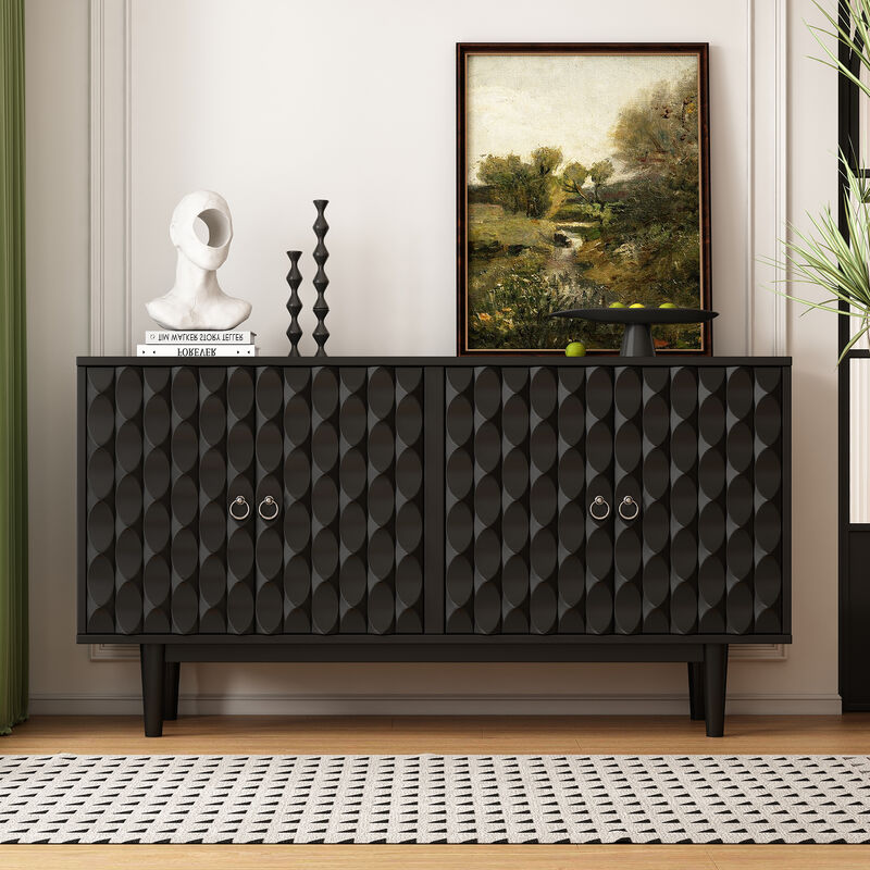 Clihome Modern 4-door Sideboard with Convex Pattern Doors and 2 Silver Handle for Living Room, Dining Room, Kitchen (Black)