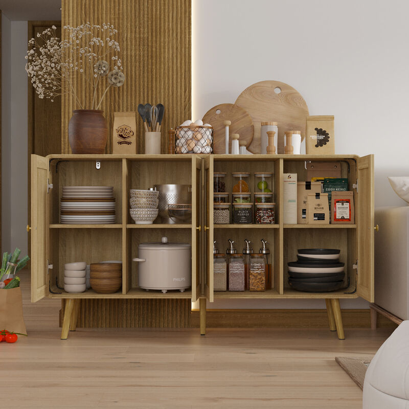 FUFU&GAGA Rattan Sideboard, Modern Buffet Cabinet with 4 Doors, Gold Handles & Solid Wood Legs, Storage Cabinet for Dining Room, Living Room & Entryway (55.1" W x 32.1" H x 13.9" D), Natural Wood