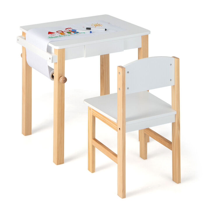 Kids Art Table and Chair Set with Drawer Paper Roll and 2 Markers