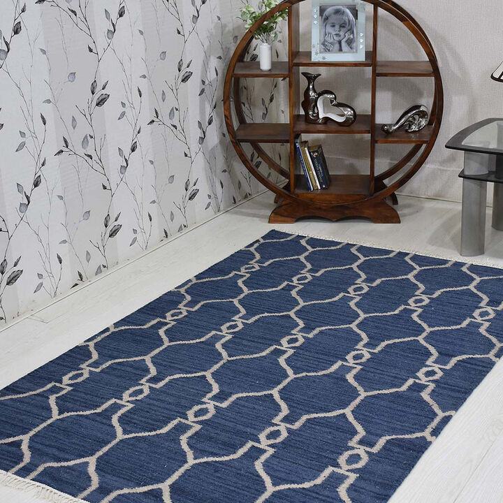 RUGSOTIC CARPETS HAND WOVEN FLAT WEAVE KILIM WOOL ECO-FRIENDLY AREA RUGS  - 4'x6', Rectangle Shape, Blue White Color, Contemporary Modern Design, Low Pile Handmade Rugs for Living Room (D00129)
