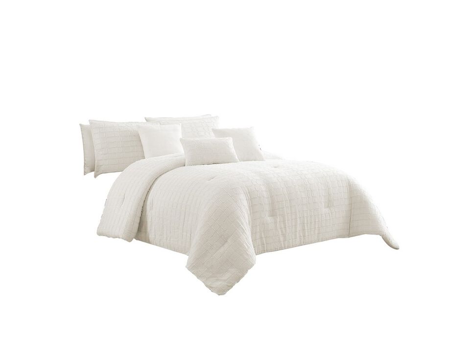 6 Piece Cotton King Comforter Set with Fringe Details, White - Benzara