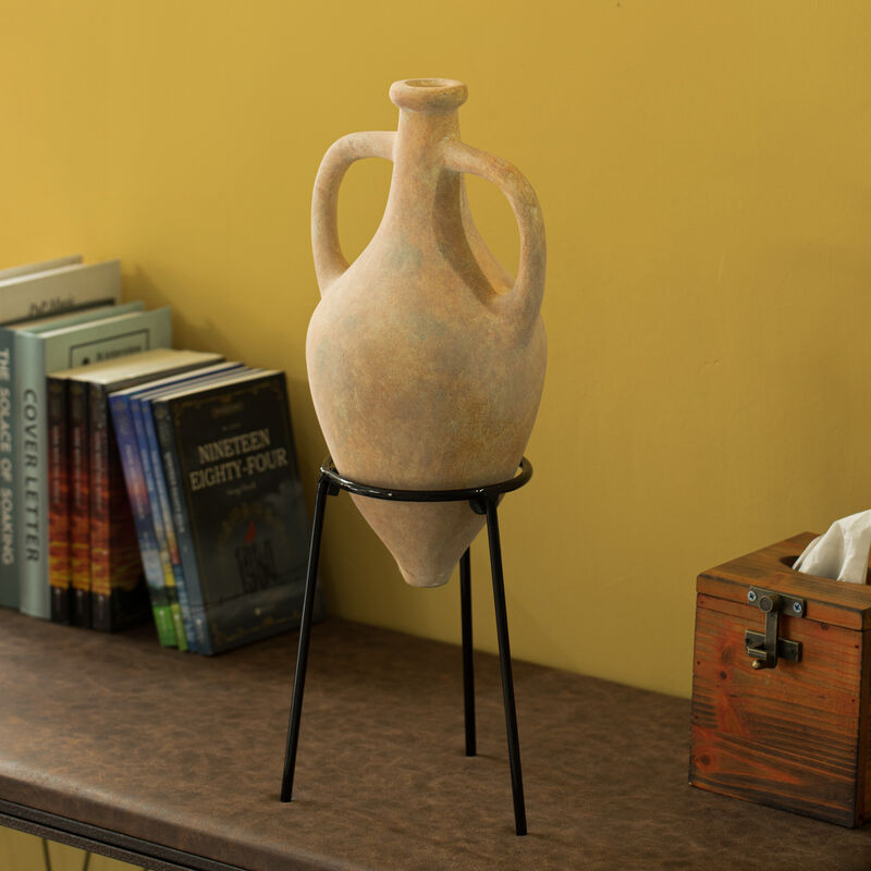 Antique Style Vase, Old Fashioned Magnificent Amphora, Decorative Large Tall Vase, Unique Vase on Slim Black Metal Tripod Stand, 21-Inch-Tall Beige Vase, Fill With Pampas Grass