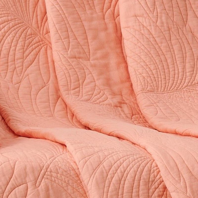 Xumi 50 x 60 Inch Quilted Throw Blanket, Frond Quilting, Coral Pink Cotton - Benzara