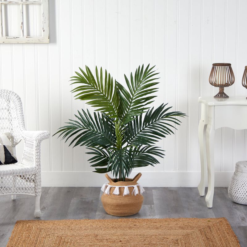 Hivvago 4 Feet Kentia Palm Artificial Tree in Boho Chic Handmade Natural Cotton Woven Planter with Tassels