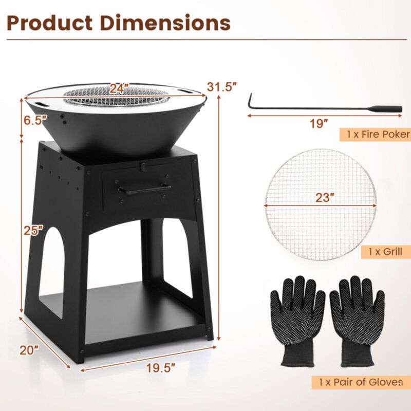 Hivvago Patio Fire Pit with Firewood Log Rack with Grill and Ash Box