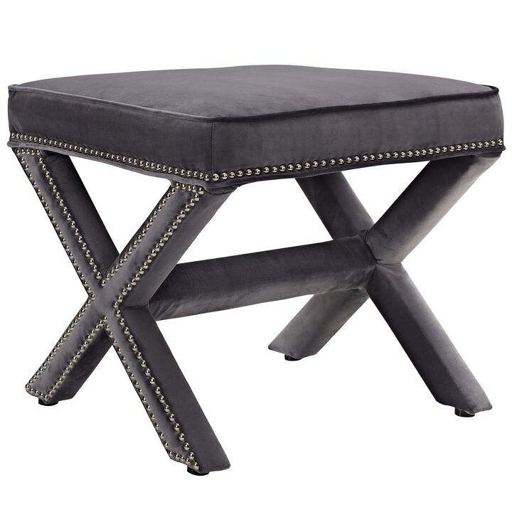 Modway Rivet Upholstered Velvet X-Base Ottoman With Nailhead Trim In Gray