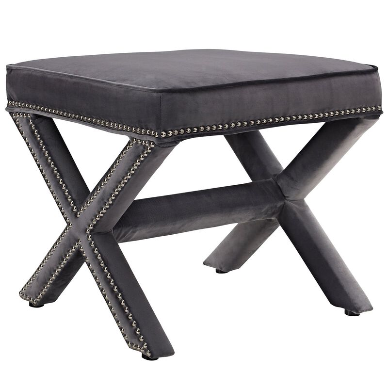 Modway Rivet Upholstered Velvet X-Base Ottoman With Nailhead Trim In Gray