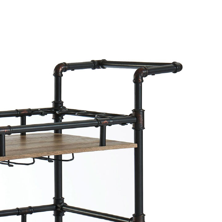 Rustic Three Tier Wood and Metal Serving Cart, Black and Brown - Benzara