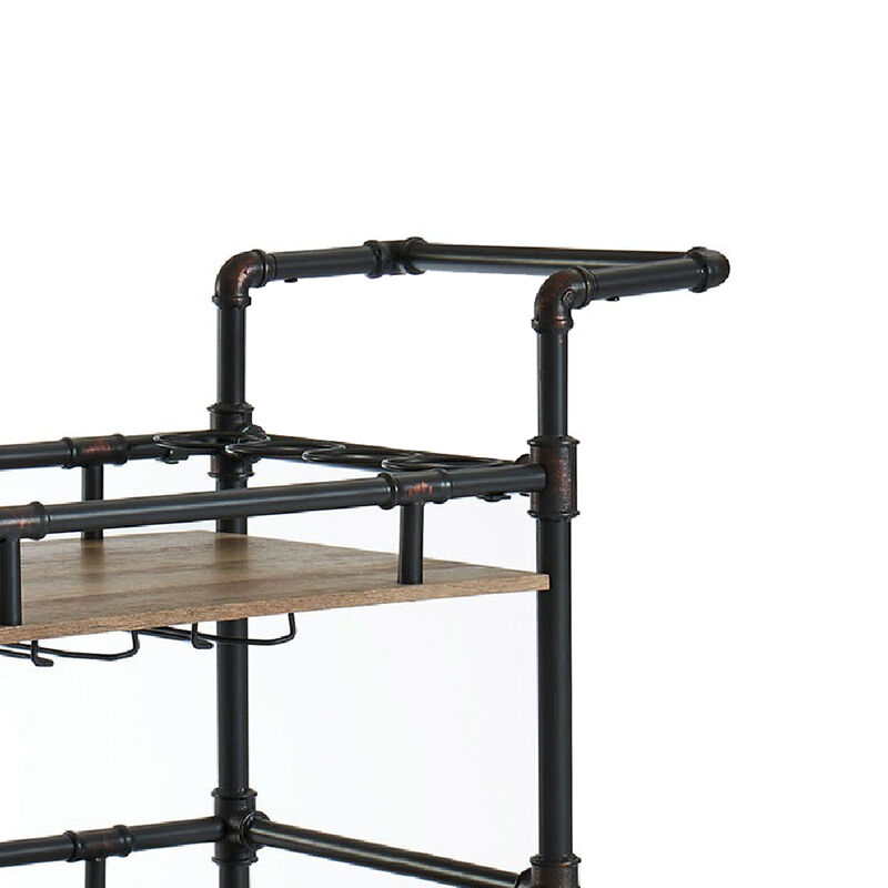 Rustic Three Tier Wood and Metal Serving Cart, Black and Brown - Benzara