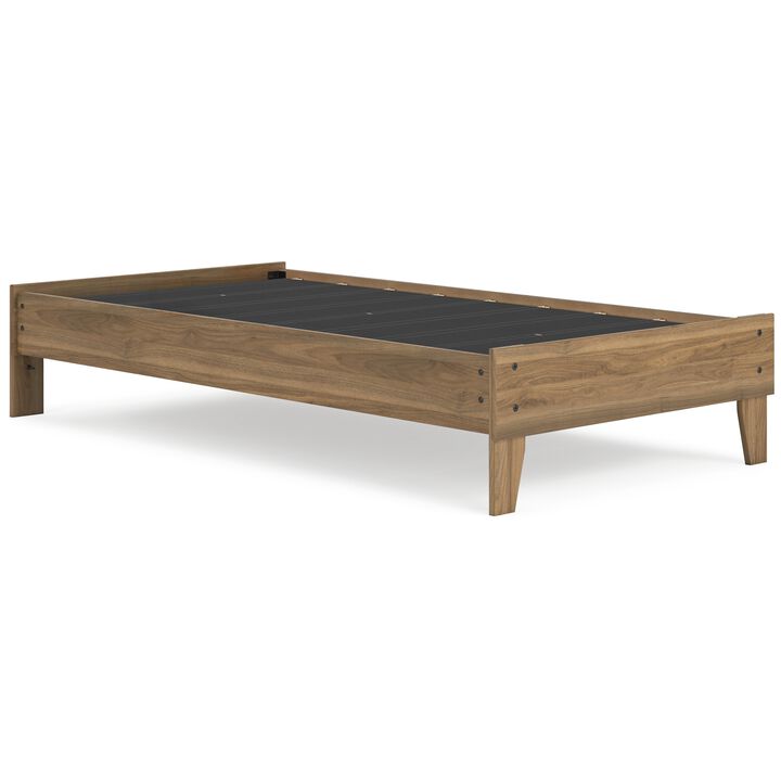 Deana Twin Platform Bed, Honey Brown Wood, Low Profile Tapered Legs - Benzara