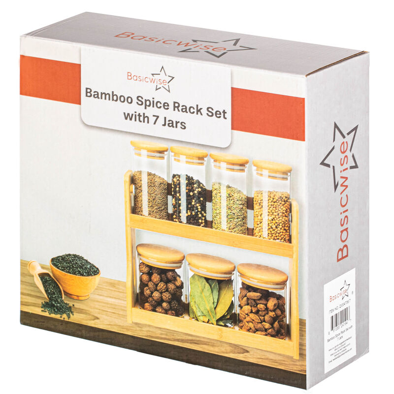 Basicwise Versatile 2-Tier Bamboo Spice Rack and Pantry Organizer with 7 Glass Jars – Perfect for Countertop Storage in Kitchens to Keep  Seasoning Containers Neatly Displayed and Easily Accessible