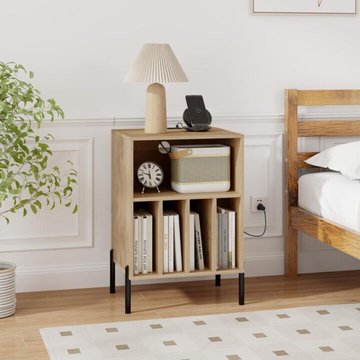 Hivvago Record Player Stand with Record Storage Shelf and Charging Station