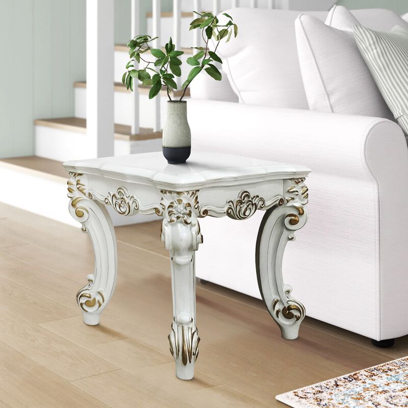 Jess 26 Inch Side End Table, Traditional Scrolled Legs, Brushed Gold, White - Benzara