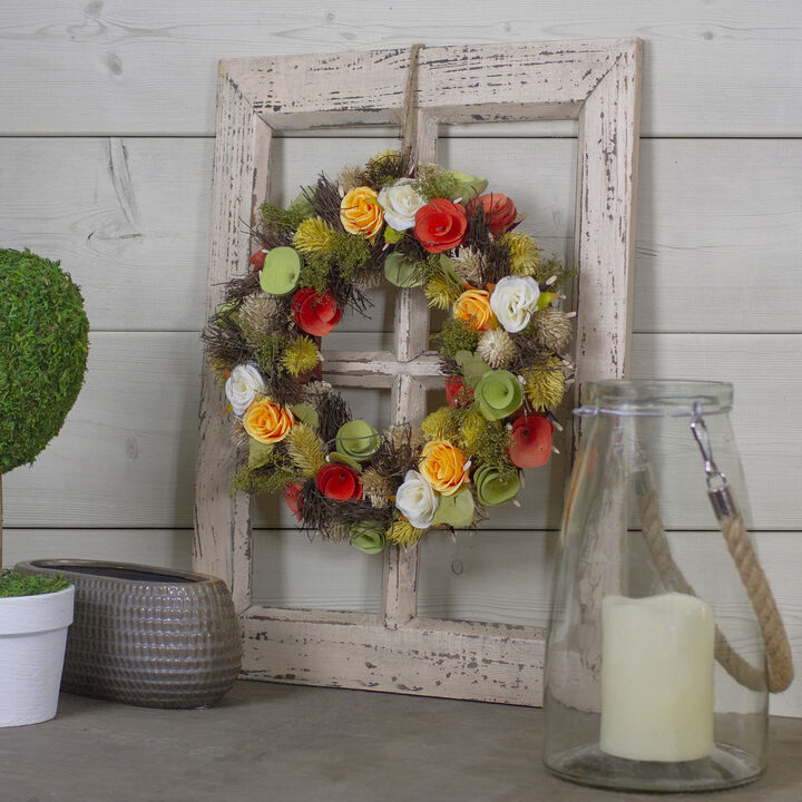 12" Orange and Yellow Flowers with Moss and Twig Artificial Floral Spring Wreath - Unlit
